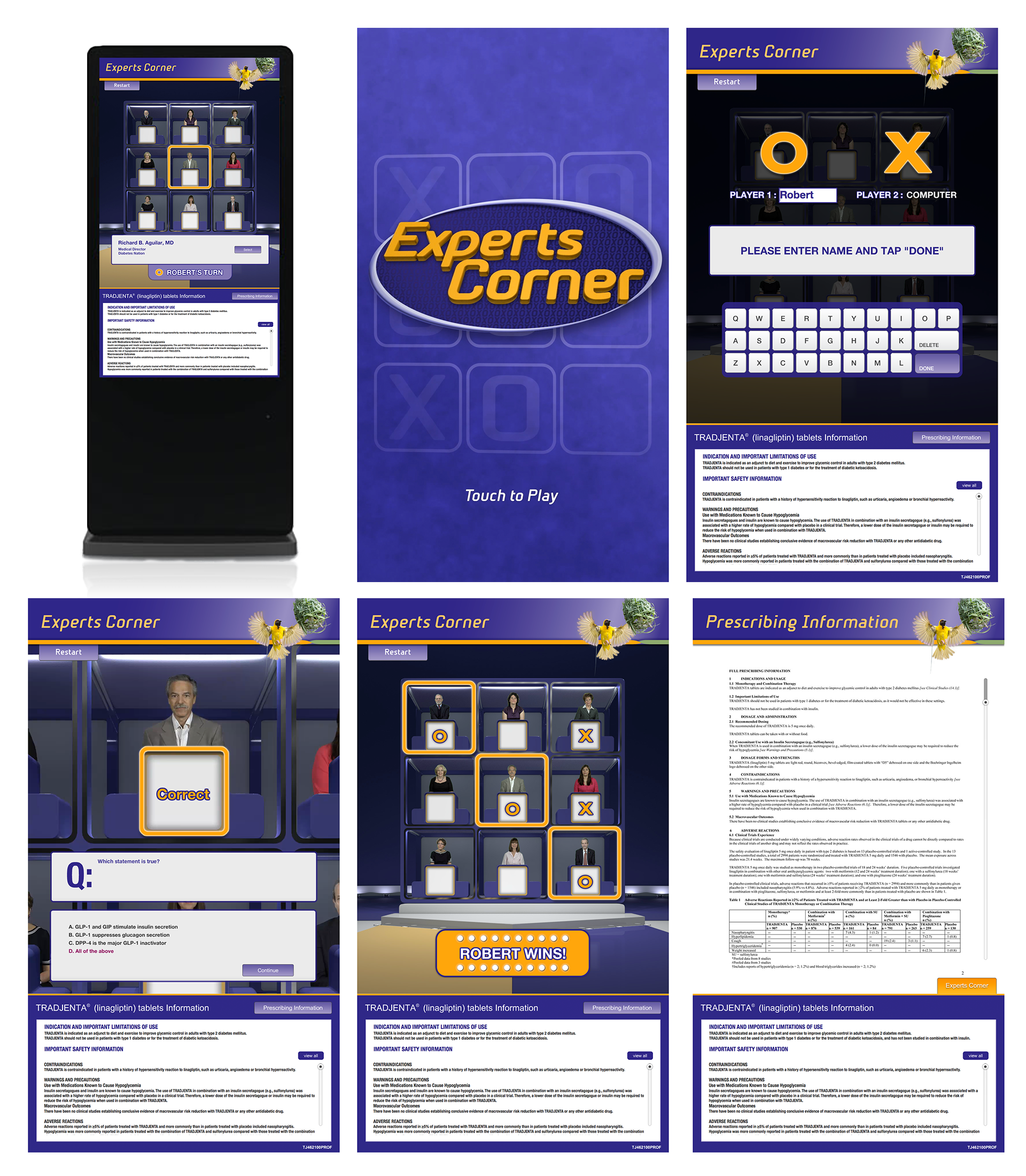 Experts Corner tic-tac-toe quiz on a floor-standing touchscreen kiosk — game screens