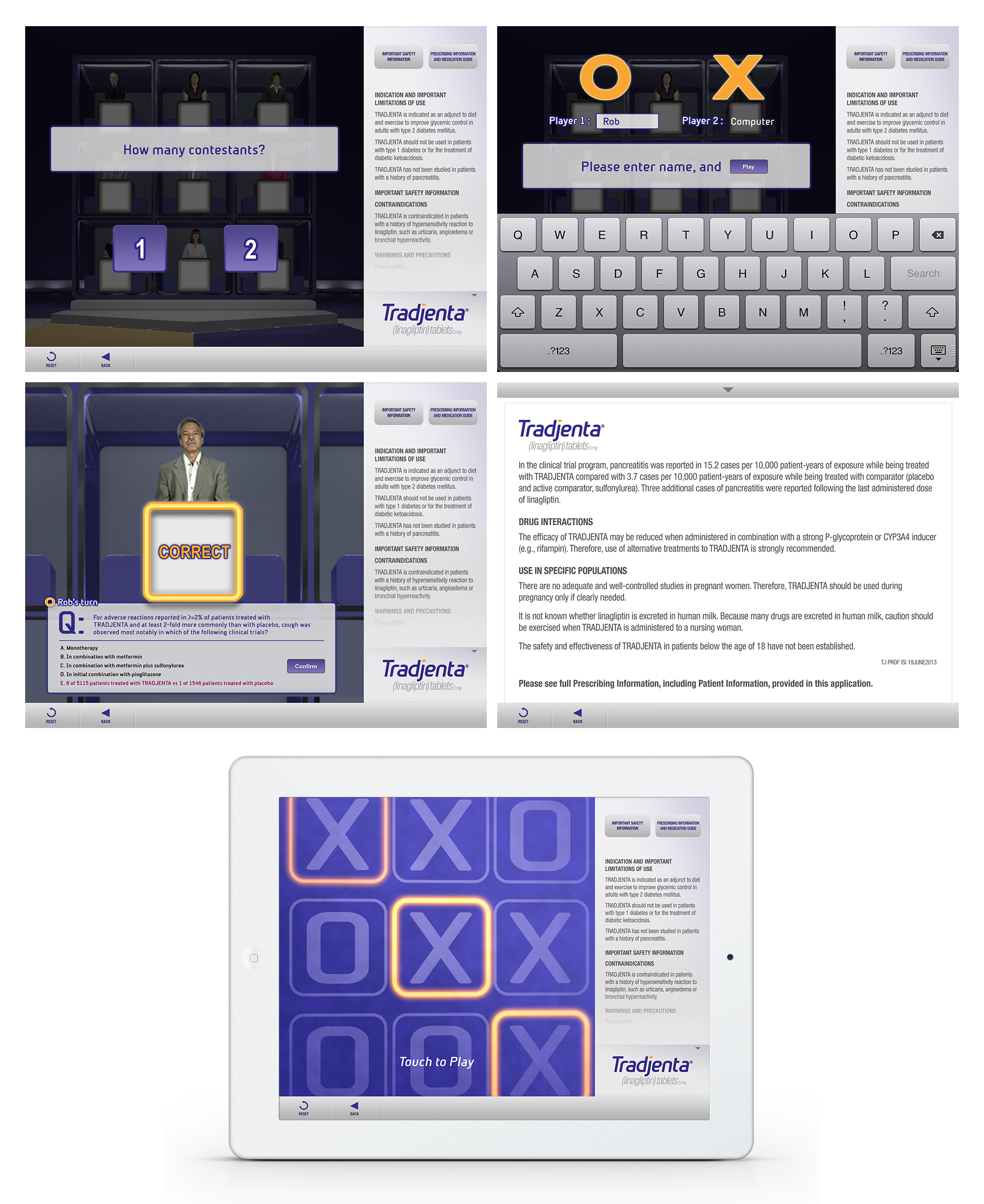 Experts Corner on iPad — contestant setup, questions and the neon tic-tac-toe board