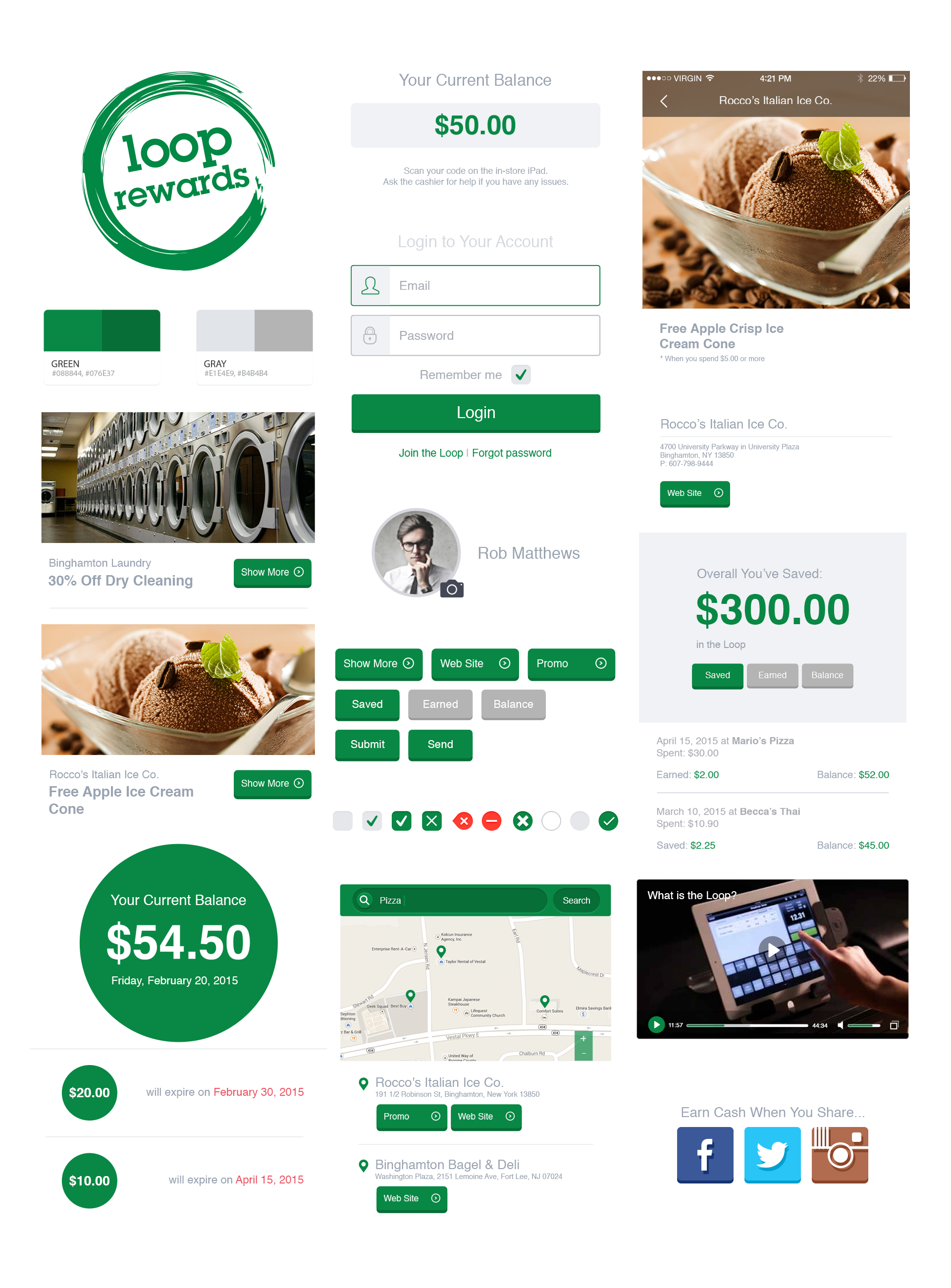 Loop Rewards UI design system — logo, colors, components and high-fidelity screens