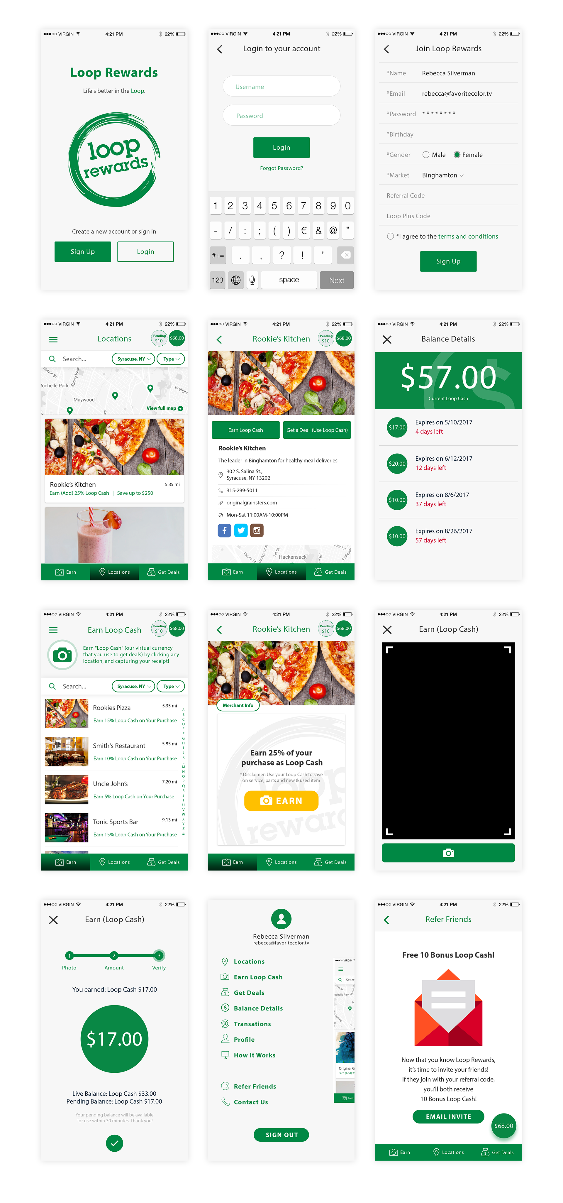 The finished Loop Rewards app — a full set of high-fidelity iOS screens