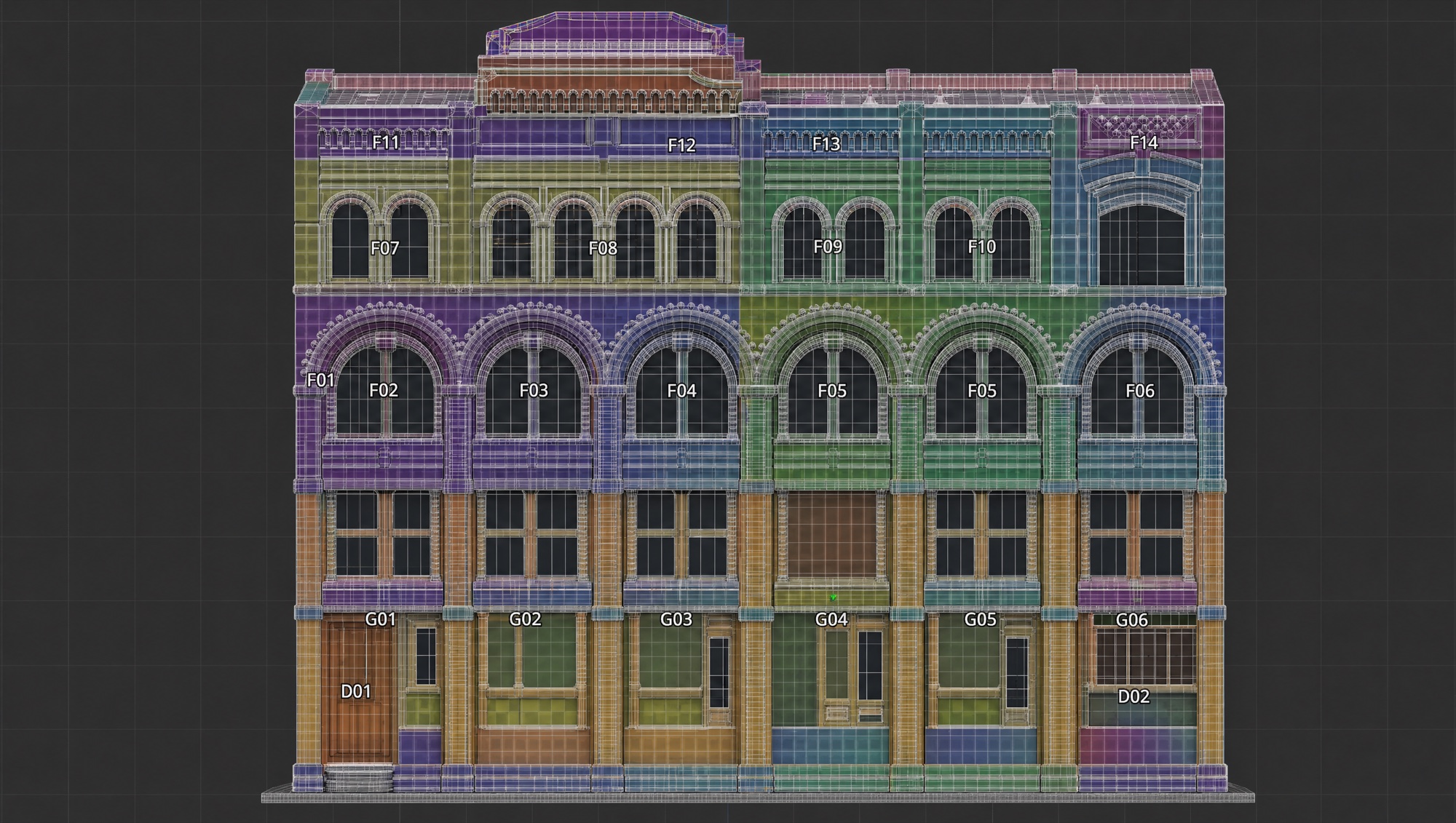 Color-coded projection-mapping surface template of the building facade