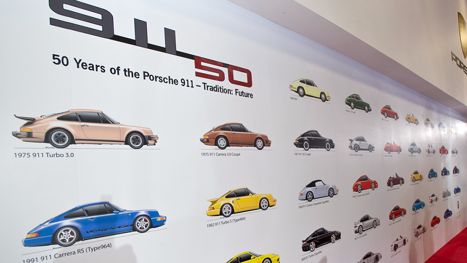 The 50 Years of the Porsche 911 heritage wall — every generation illustrated and dated