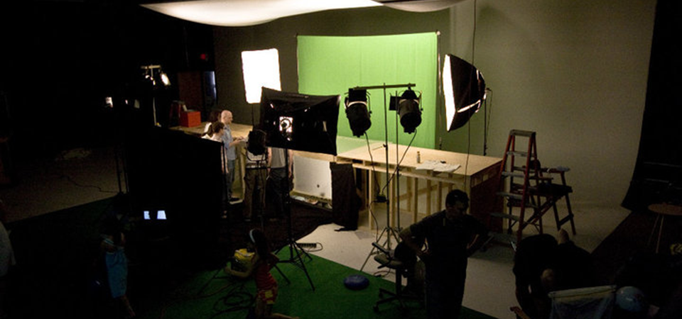The studio — green screen, lightboxes and rigging set up for shadow shots