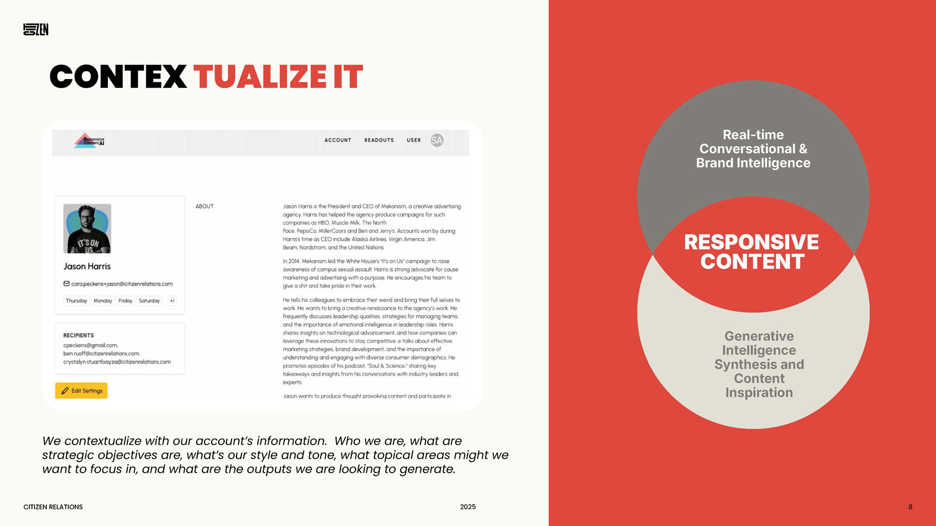 Contextualize — account settings and the Responsive Content Venn diagram