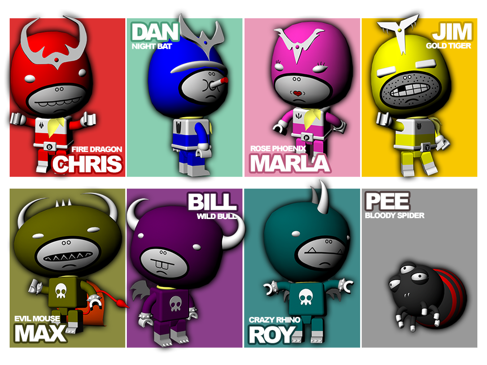 The full roster — four heroes, four villains