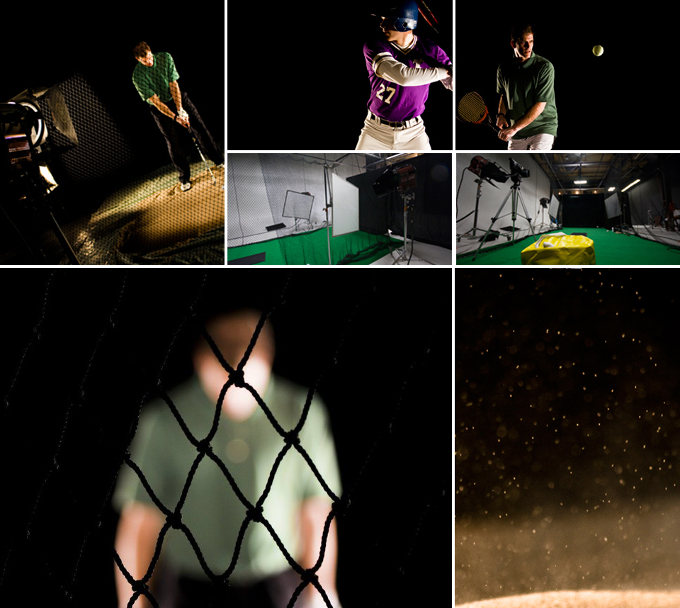 Behind the scenes — athletes shot in a blacked-out studio with hard light and practical dust
